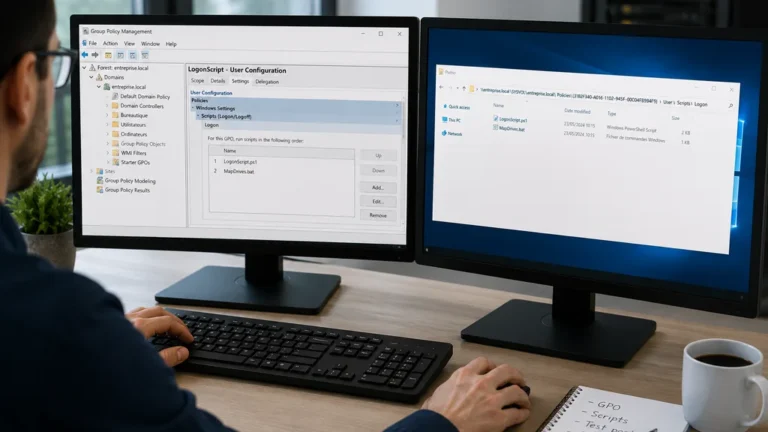 Administrateur système configurant un script GPO sur une console Active Directory