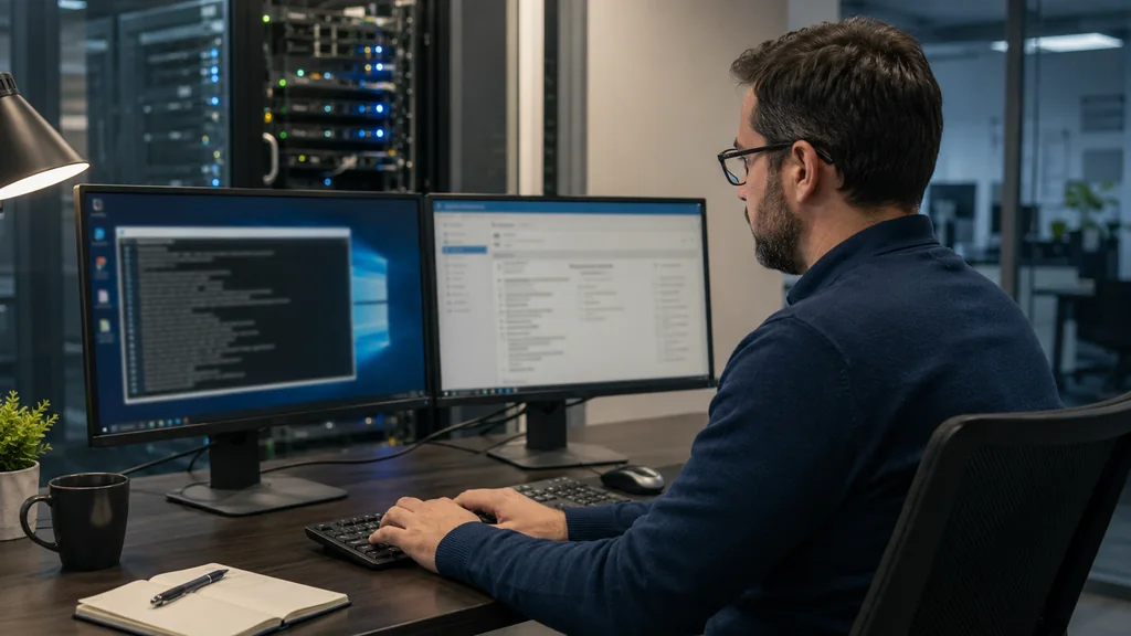 Administrateur système actualisant les stratégies de groupe Windows avec gpupdate sur un poste en entreprise