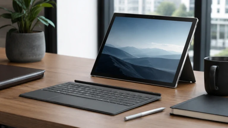 Hewlett Packard Elite x2 installé sur un bureau moderne avec clavier détachable et stylet