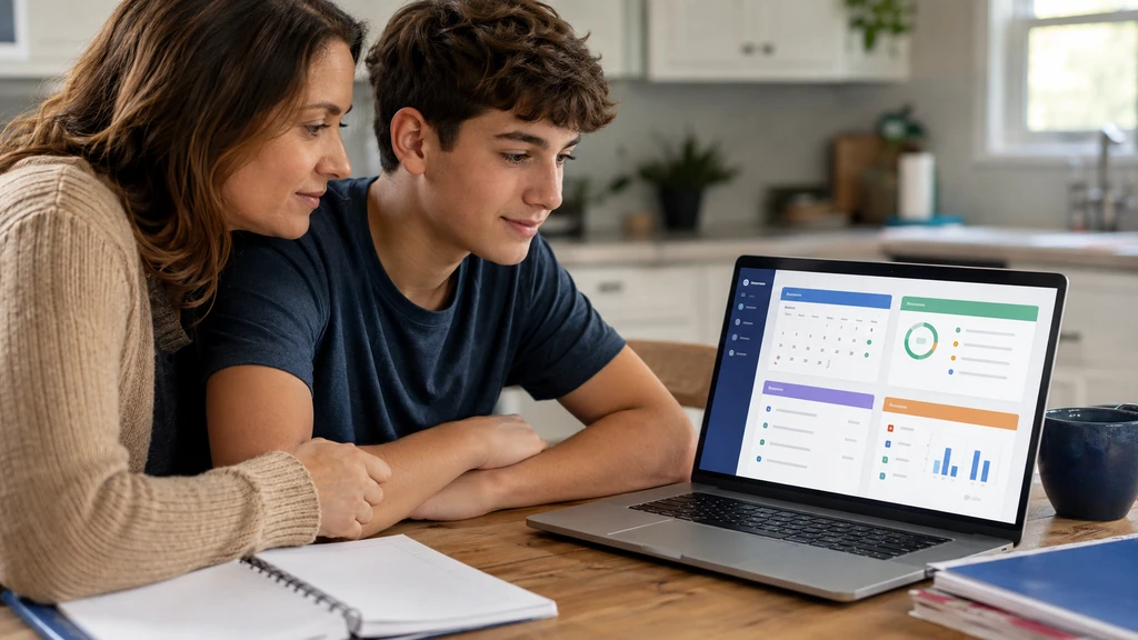 Parent et adolescent consultant l’espace numérique iENT sur un ordinateur portable à la maison