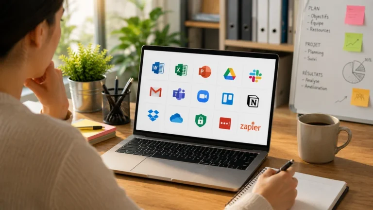 Professionnelle choisissant des outils informatiques sur un ordinateur portable dans un bureau moderne et lumineux