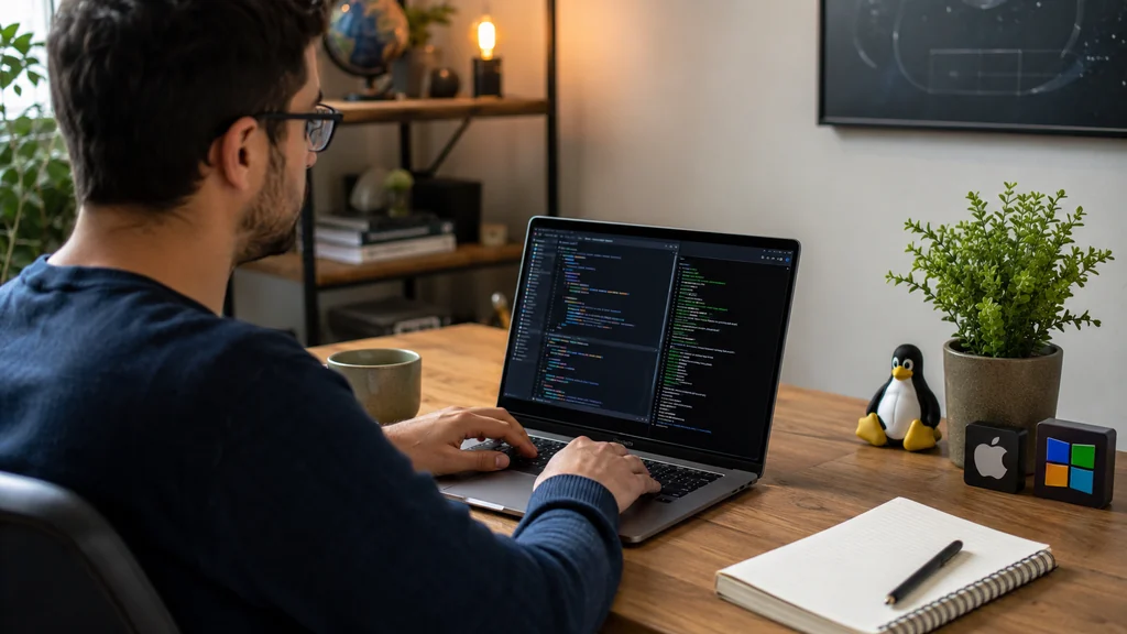 Développeur installant le langage Go sur son ordinateur dans un bureau moderne avec environnement Linux