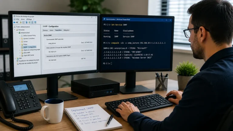 Administrateur système configurant SNMP par GPO sur un poste Windows en entreprise