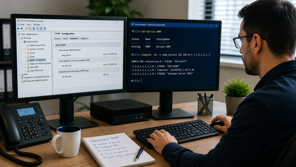 Administrateur système configurant SNMP par GPO sur un poste Windows en entreprise