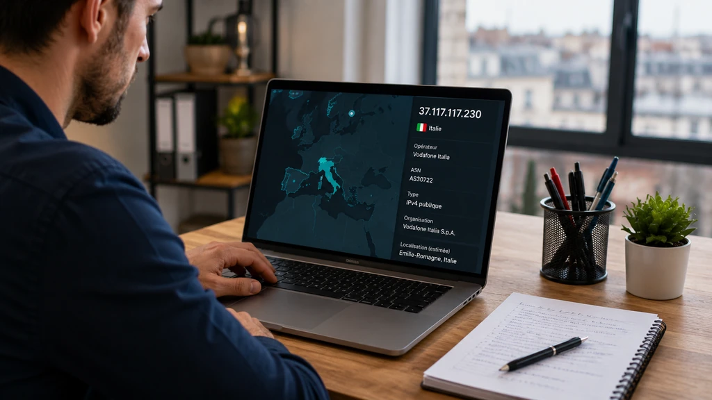 Utilisateur consultant la localisation en Italie de l’adresse IP 37.117.117.230 sur un ordinateur portable