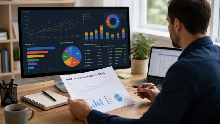Analyste étudiant les performances des canaux marketing avec un modèle Marketing Mix Modeling