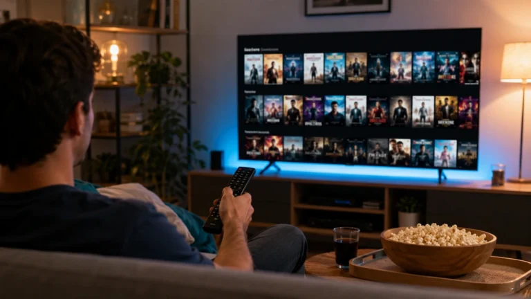 Utilisateur recherchant Moovtop pour regarder des films et séries en streaming dans son salon