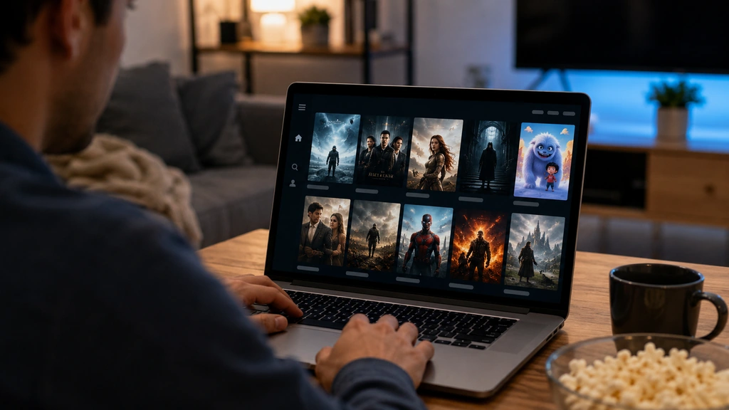 Utilisateur consultant un site de streaming sur ordinateur portable, illustration de la recherche Moovtop devient Moovbob