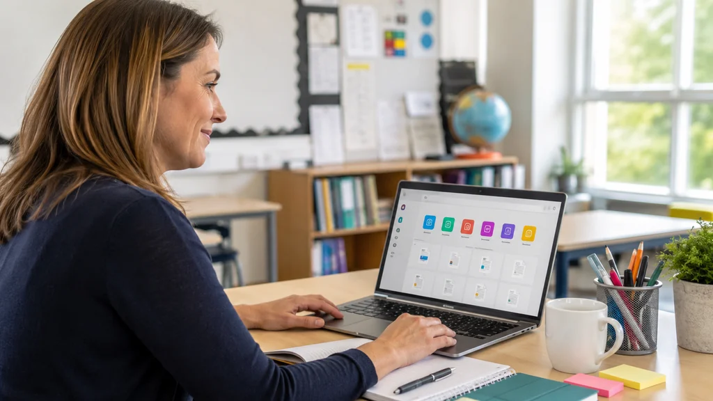 Enseignante utilisant Microsoft 365 Éducation sur un ordinateur portable dans une salle de classe lumineuse