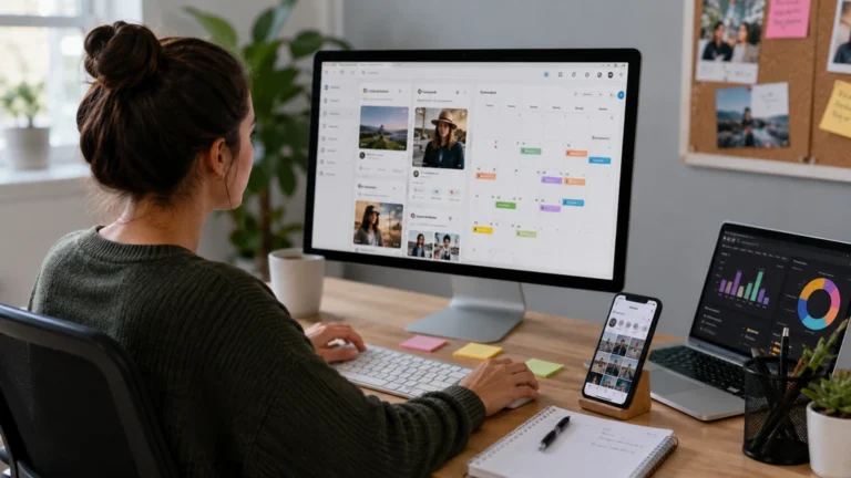 Personne consultant une photo de profil Instagram en grand depuis un espace de travail moderne
