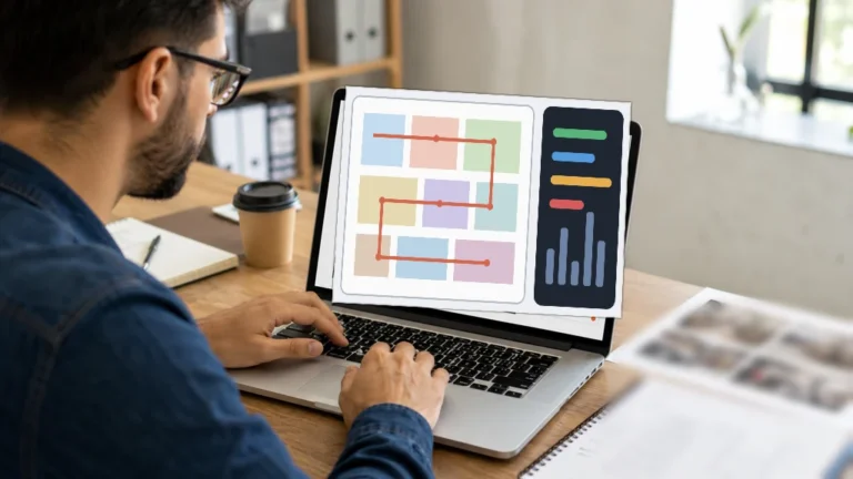 Responsable merchandising analysant le zoning et l’implantation des produits d’un magasin sur ordinateur