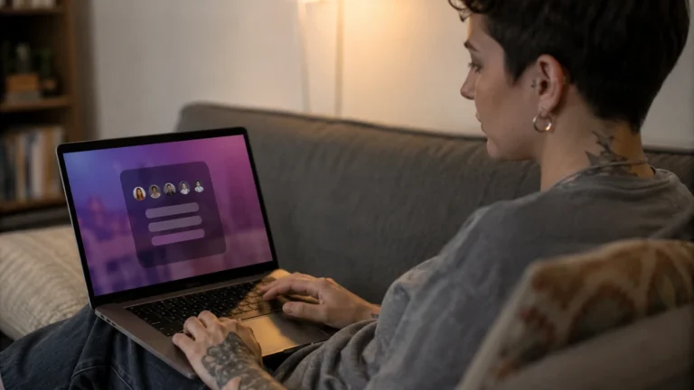 Utilisatrice accédant à la page de connexion d’un site de rencontres depuis son ordinateur portable