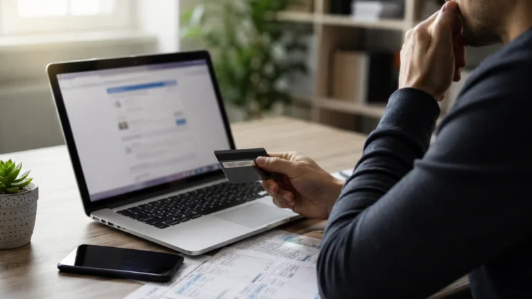 Personne vérifiant prudemment un abonnement en ligne avec une carte bancaire devant un ordinateur portable