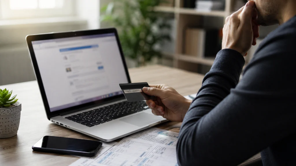 Personne vérifiant prudemment un abonnement en ligne avec une carte bancaire devant un ordinateur portable