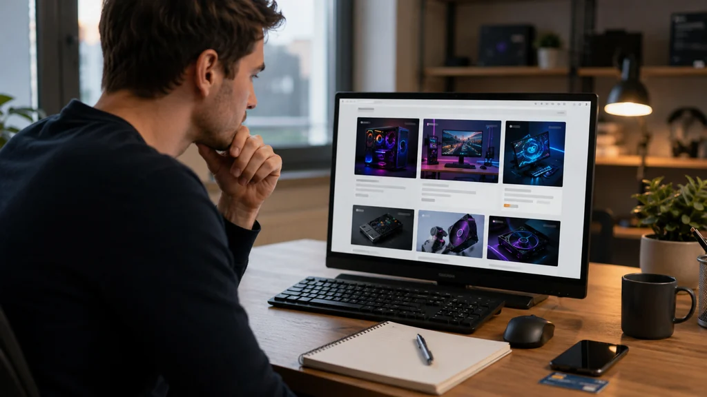 Utilisateur consultant un site high-tech consacré au matériel PC et au gaming dans un bureau moderne