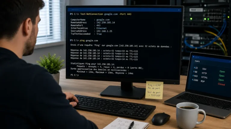 Administrateur réseau testant la connectivité d’une machine avec ping et la disponibilité de ports sur un poste de travail