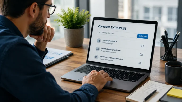 Professionnel recherchant l'adresse email d'une entreprise sur un ordinateur portable dans un bureau moderne