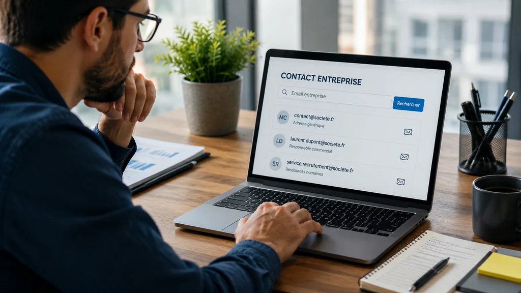 Professionnel recherchant l'adresse email d'une entreprise sur un ordinateur portable dans un bureau moderne