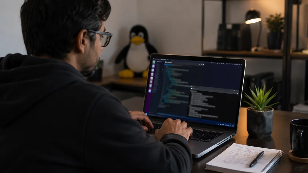 Développeur écrivant un script shell sur Linux dans un espace de travail moderne avec terminal ouvert