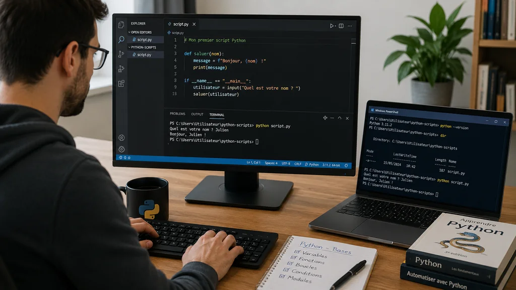 Développeur créant et exécutant un script Python depuis un terminal dans un bureau moderne