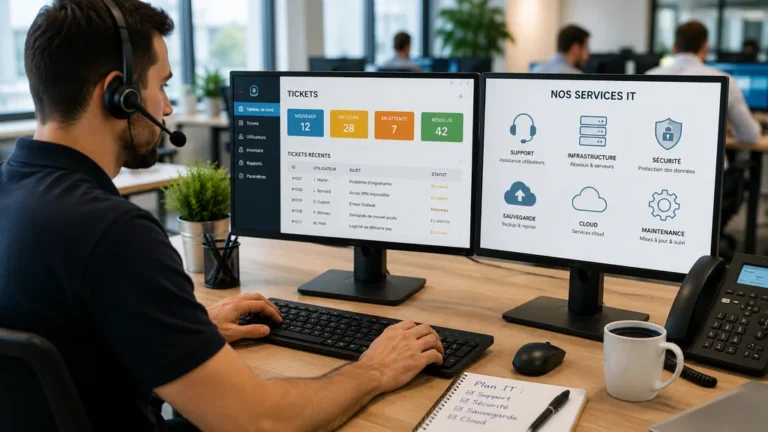 Technicien informatique dans un bureau moderne supervisant un service IT et le support utilisateur sur plusieurs écrans