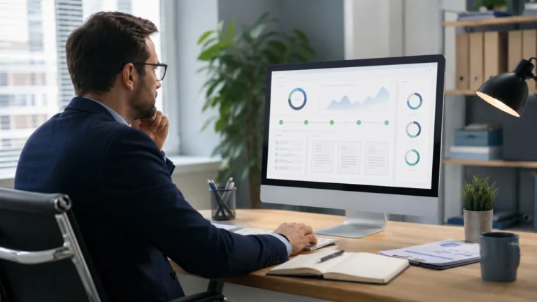 Professionnel consultant un tableau de bord de conformité et de gestion documentaire sur la plateforme Sopeina