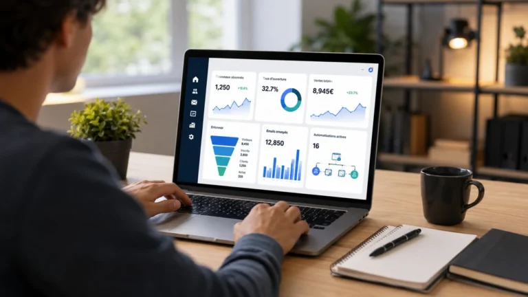 Entrepreneur consultant le tableau de bord de son activité SaaS sur Systeme.io depuis un ordinateur portable