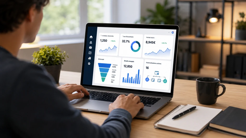 Entrepreneur consultant le tableau de bord de son activité SaaS sur Systeme.io depuis un ordinateur portable