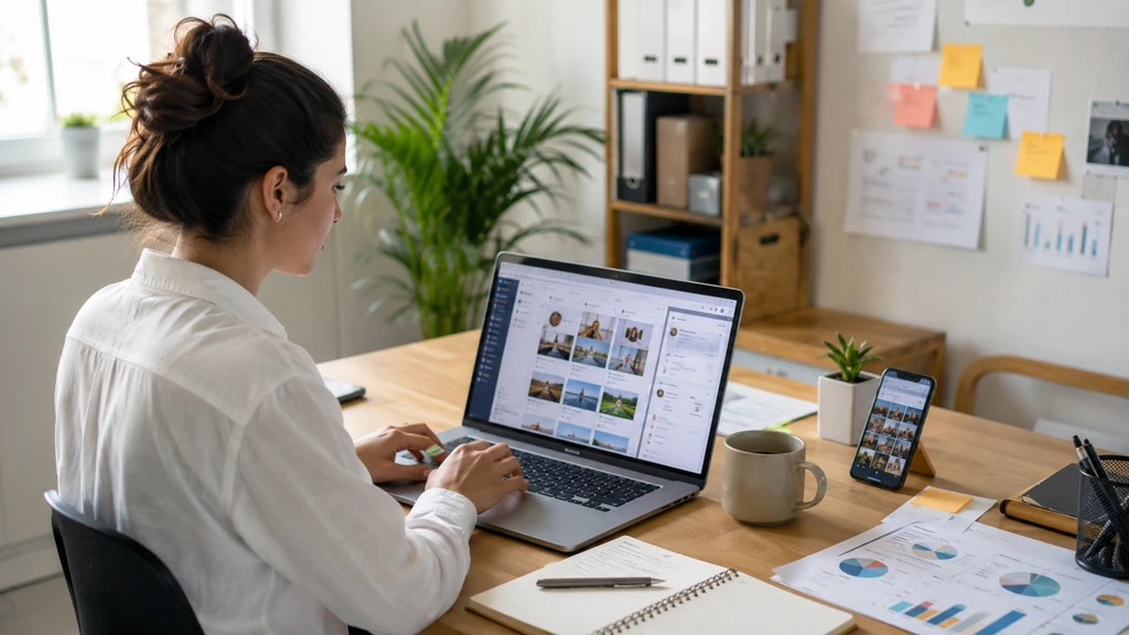 Community manager analysant ses prestations, ses contenus et ses statistiques pour établir ses tarifs