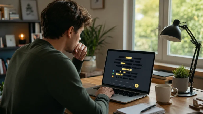 Joueur concentré devant une partie de Pédantix avec des mots progressivement révélés sur son ordinateur