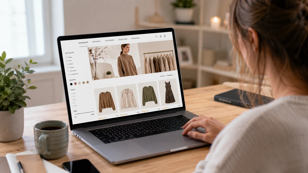 Cliente parcourant une boutique en ligne optimisée grâce au visual e-merchandising sur un ordinateur portable