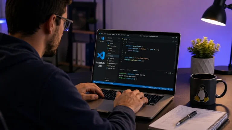 Développeur utilisant Visual Studio Code sur Linux dans un espace de travail moderne avec ordinateur portable