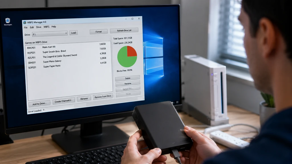 Utilisateur gérant un disque dur de jeux Wii avec WBFS Manager sur un ordinateur Windows