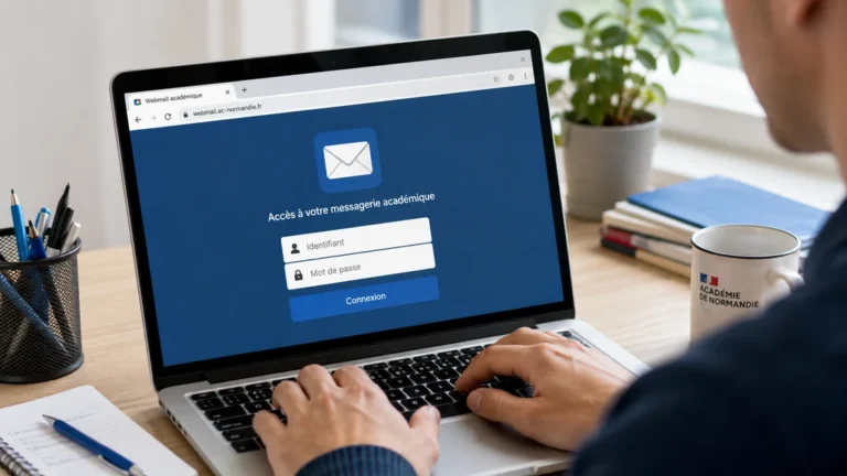 Agent de l’académie de Normandie se connectant au Webmail Rouen depuis un ordinateur portable