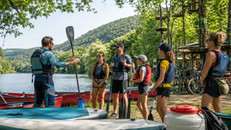 Groupe de participants encadrés lors d'une activité de plein air au bord d'un lac avec canoës et parcours accrobranche en arrière-plan