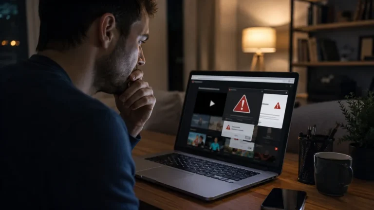 Utilisateur regardant un ordinateur portable affichant des avertissements sur un site de streaming dans une ambiance nocturne
