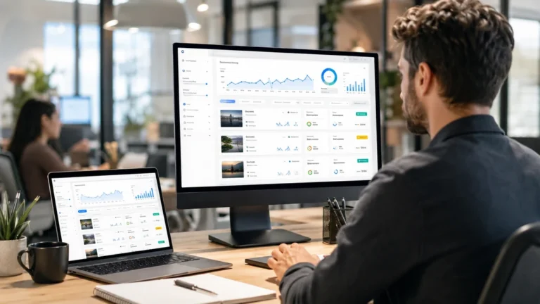 Professionnel du SEO analysant une marketplace de netlinking, des sites partenaires et des métriques de backlinks sur plusieurs écrans.