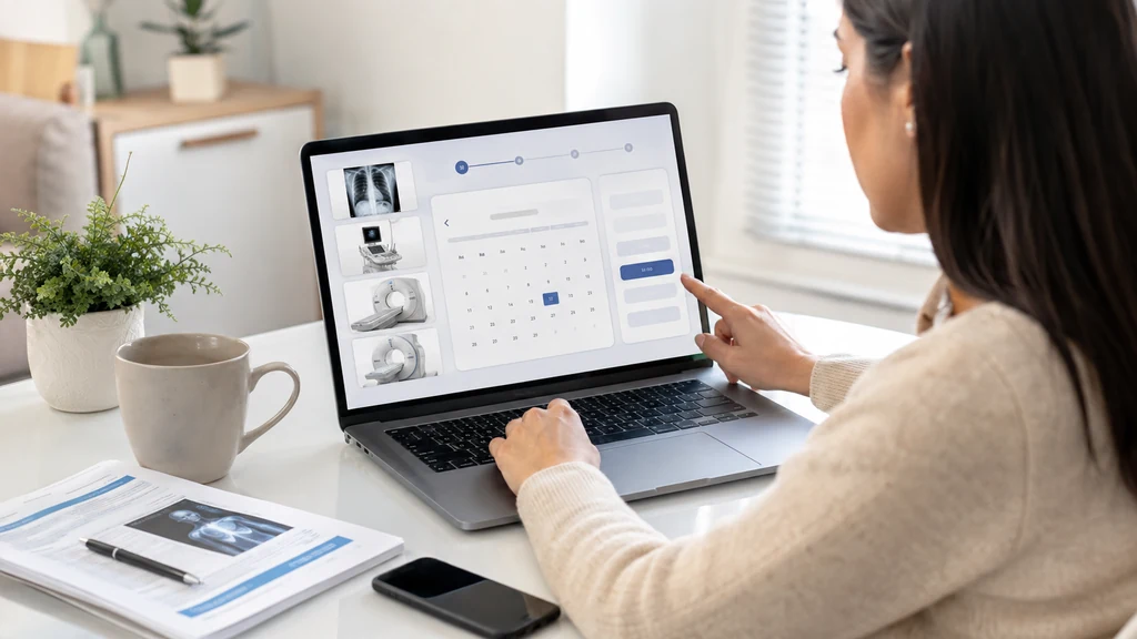 Patiente réservant en ligne un rendez-vous de radiologie, scanner ou IRM sur son ordinateur portable.