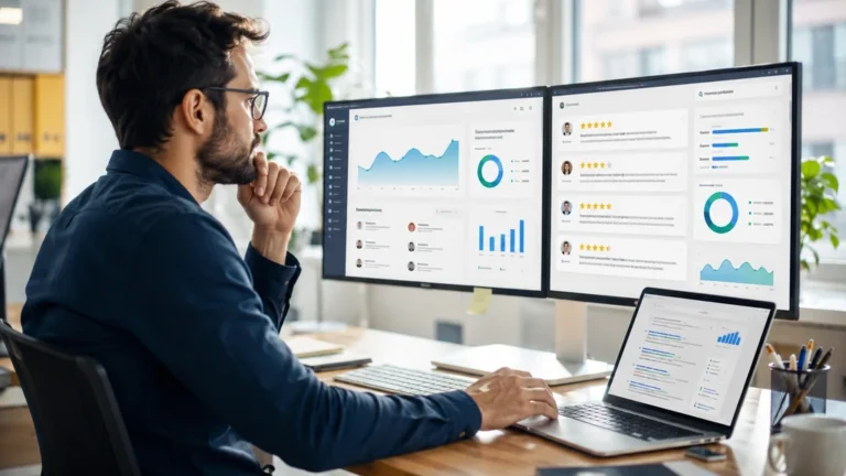 Professionnel analysant des avis clients, des données SEO et la réputation en ligne d’une entreprise sur plusieurs écrans.