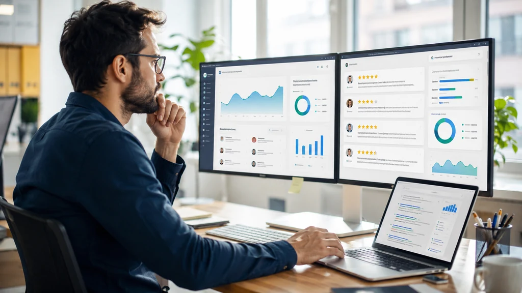 Professionnel analysant des avis clients, des données SEO et la réputation en ligne d’une entreprise sur plusieurs écrans.