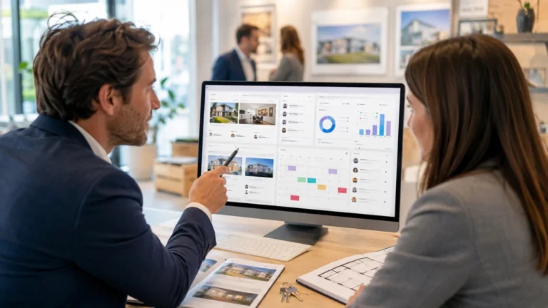 Agents immobiliers utilisant un logiciel CRM pour gérer les biens, acquéreurs et transactions d'une agence