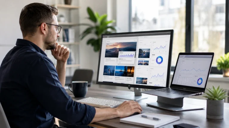 Professionnel du web analysant un site éditorial, des données SEO et des performances digitales sur plusieurs écrans.