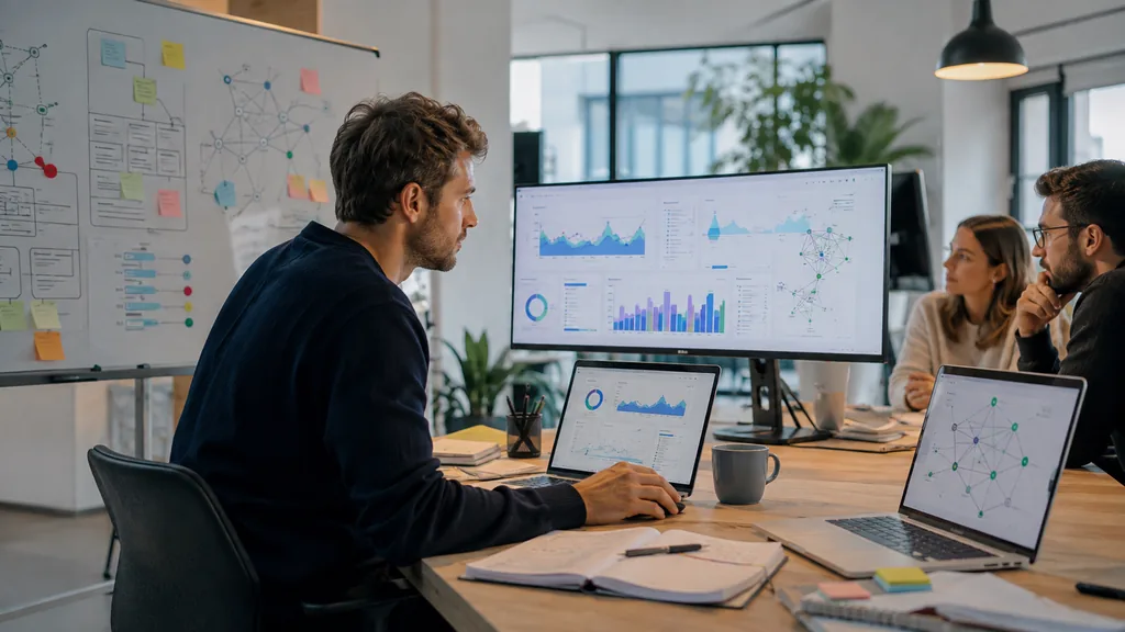 Équipe d’une agence SEO analysant des données de référencement naturel, de contenu et de netlinking sur plusieurs écrans dans un bureau moderne.