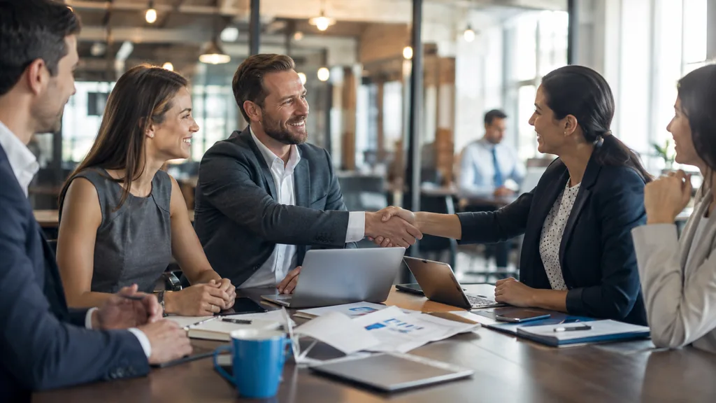 Professionnels en réunion utilisant B2B Network Entreprise pour développer leur réseau et leurs opportunités commerciales