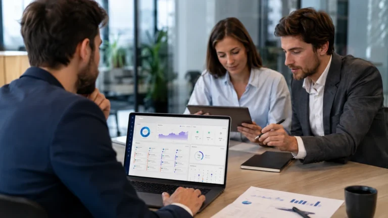 Professionnels analysant des prospects qualifiés et un tableau de bord commercial lors d'une réunion B2B