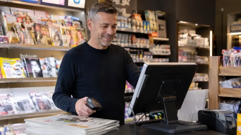Commerçant utilisant un logiciel de caisse dans un point de vente de proximité entouré de journaux, magazines et produits destinés aux clients.