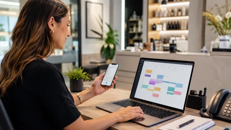 Professionnelle gérant ses rendez-vous et ses disponibilités depuis un agenda numérique affiché sur un ordinateur portable et un smartphone.