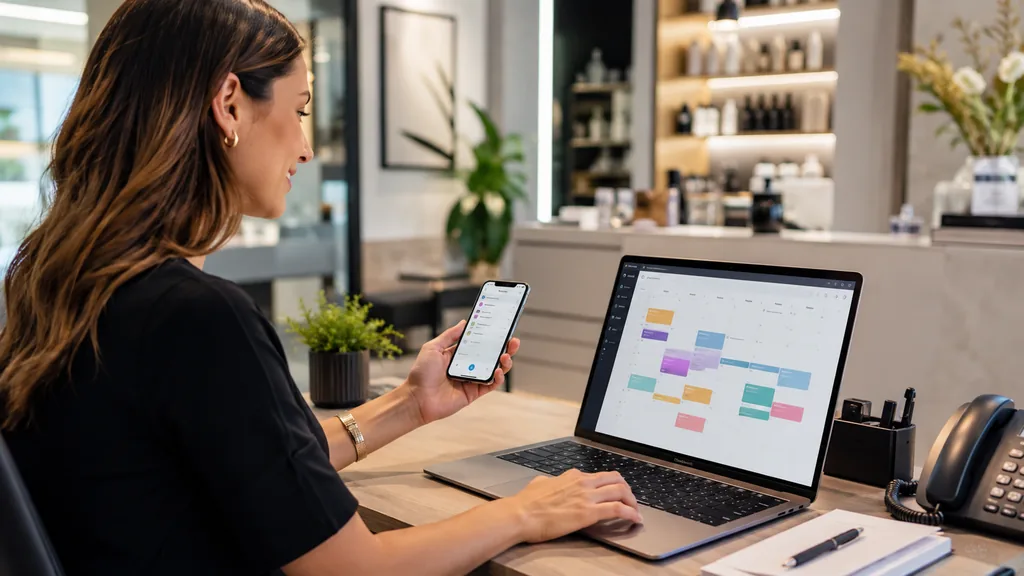 Professionnelle gérant ses rendez-vous et ses disponibilités depuis un agenda numérique affiché sur un ordinateur portable et un smartphone.