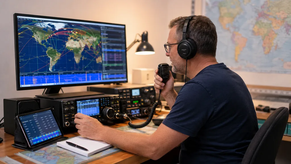 Radioamateur utilisant un Cluster DX pour suivre les contacts longue distance et la propagation radio