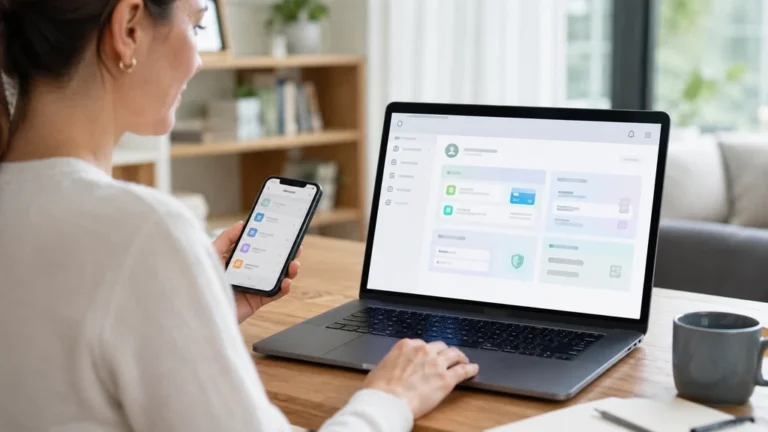 Assurée consultant son espace personnel Cogévie sur ordinateur et smartphone pour suivre ses remboursements et documents